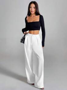 SHEIN PETITE Pantaloni casual/da ufficio bianchi con elegante stile francese per donna