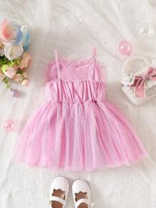 SHEIN 女婴无袖纯色网眼拼布连衣裙 - 粉色 - 查看 2