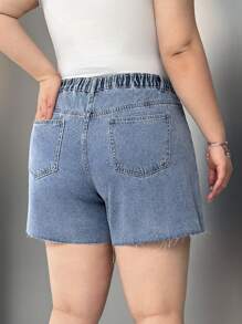 SHEIN EZwear Shorts de mezclilla lavada de talla grande con lazo y decoración de perlas
