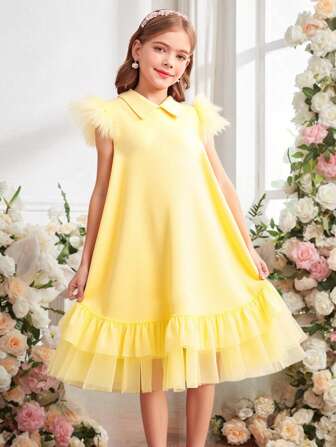 Holiday,Summer,Travel  Tween Girls Elegant Yellow Mesh Patchwork Faux Fur Midi Dress