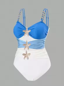 SHEIN Swim Curve Jednoczęściowy kostium kąpielowy w dużym rozmiarze, metaliczny akcent, prosty strój plażowy dla kobiet w stylu kurortu na lato