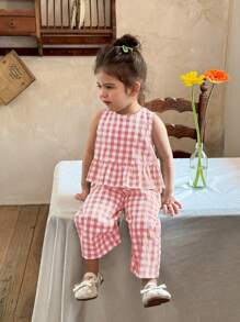 LMoss Kids 女婴编织格子荷叶边下摆休闲衬衫和编织宽松长裤套装 - 粉色 - 查看 1