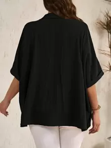EMERY ROSE Plus Size Casual Solid Color Batwing Sleeve Shirt Fall - Black - View 2