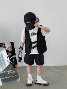 Young Boys Buy Two Get One Free T-Shirt 3 Packs Young Boys Leisure Sports College Artistic Style Retro Japanese And Korean Loose Version With Work Vest And Basic Round Neck T-Shirt And Work Shorts Set
