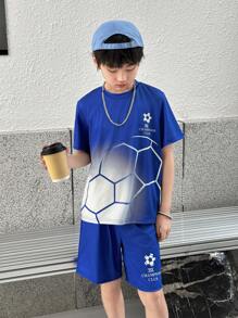 Set de 2 piezas con camiseta de manga corta y pantalones cortos con estampado de fútbol para niños preadolescentes