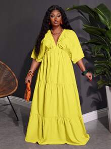 Slaydiva Plus Size Women's Solid Color V-Neck Loose A-Line Dress, Suitable For Beach, Vacation And Casual Wear,Beach Dress Sundress,Holiday Outfits Boho