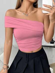 SHEIN Unity Blusa de moda para mujer de color liso con pliegues y corte asimétrico ajustado - Rosa - Ver 5