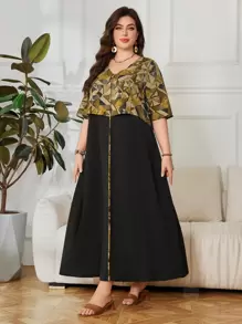 SHEIN Lacomfia V-Neck Geometric Digital Printing Patchwork Loose Retro & Generous Plus Size Arabian Dress