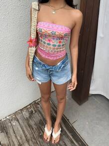 Sunnyshic 女士碎花短款抹胸，甜美优雅抹胸上衣，适合度假、旅行、日常穿着、春夏季 - 彩色 - 查看 7