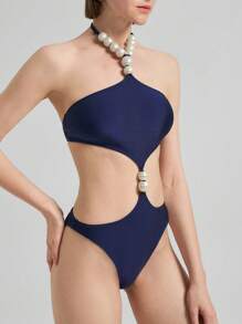 Ontre 1 bộ đồ bơi liền thân tối giản ôm vừa vặn phong cách Bohemian màu trắng đính ngọc trai giả cho nữ - Màu xanh hải quân - Xem 4