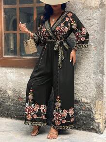 SHEIN Clasi Plus Size Women Holiday Floral Print Long Sleeve Wide Leg Jumpsuit - Multicolor - View 3