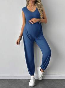 SHEIN 孕婦純色抓皺腰部無袖休閒連身褲 - 藍色 - 查看 3