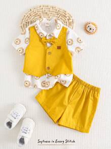 Cozy Pixies 2pcs Baby Boy Contrast Color 2 In 1 Shirt Collar Short Sleeve Top And Elastic Waist Shorts Set