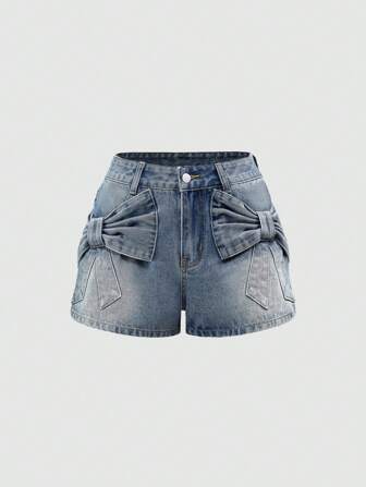 Kawaii Retro Washed Blue Distressed Bowknot Pocket Women's Denim Shorts
