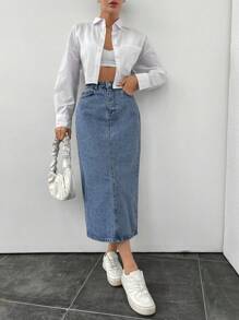 EURMUSE Slant Pocket Denim Skirt - Light Wash - View 4