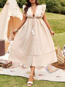 SHEIN LUNE Plus Size Vacation Solid Color Embroidered Ruffle Hem Tassel Dress - Khaki - View 3