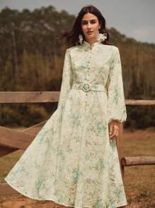 Anewsta Urban Elegant Digital Print Lantern Sleeve Long Dress - Multicolor - View 5