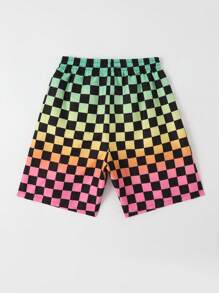 SHEIN Tween Boy's Checkerboard Pattern Drawstring Waist Beach Shorts - Multicolor - View 2