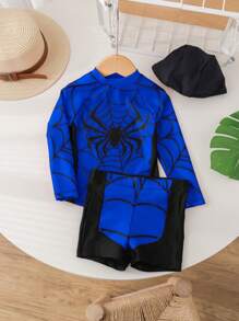 SHEIN 3pcs/Set Baju Renang Anak Laki-Laki Motif Laba-laba & Superhero Lucu Lengan Panjang, Celana Pendek, dan Topi, Cocok untuk Musim Panas, Pantai, Rekreasi, Berenang, Musim Semi - Royal Blue - View 8
