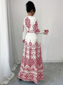 Elenzga Embroidered Floral Long Sleeve Cinched Waist Dress For Women Fall Cloth For Women - Multicolor - View 2