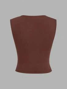 SHEIN EZwear Two-Piece Set Brown & White Women's Basic Knitted Tank Top - White - View 4