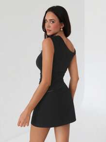 Roylia Women's Fashionable Solid Color Oblique Shoulder Drawstring Top, Summer - Black - View 2