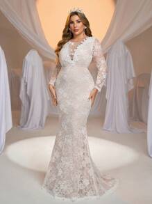 Glamrae Plus Size Elegancka Luksusowa Biała Rozciągliwa Koronkowa Suknia Syrena Z Dekoltem W Serek I Trenem, Odpowiednia Na Wesela, Przyjęcia Singli, Wakacje, Bale I Stroje Ślubne, Suknia Ślubna, Panna Młoda