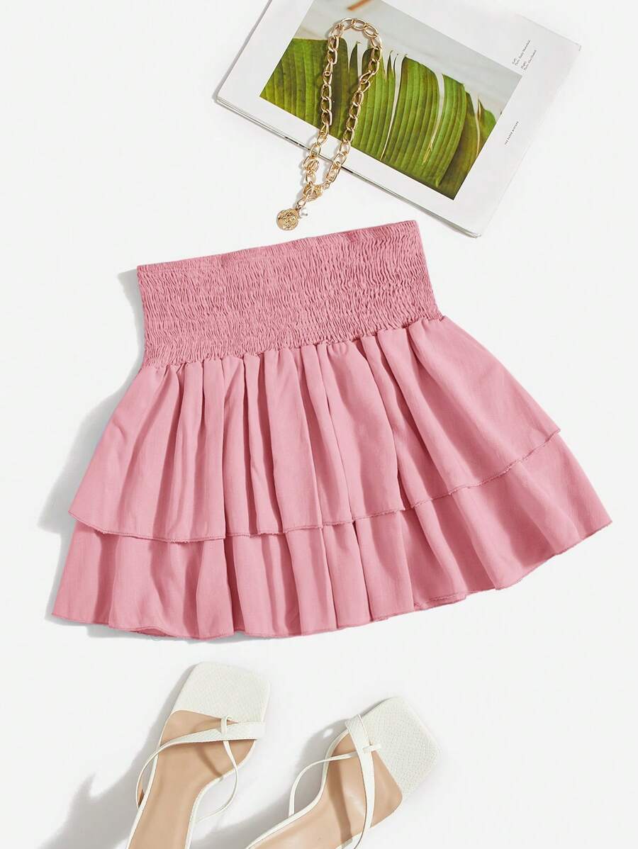 SHEIN PETITE Saia curta de verão com bainha de duas camadas de cintura alta - Rosa - Ver 1