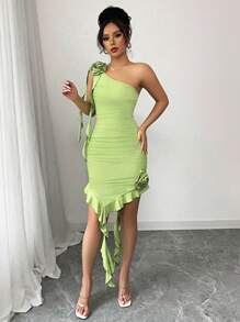 Calvaya Vestito aderente asimmetrico da vacanza con stampa floreale, monospalla e sexy