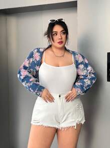 SHEIN EZwear 大码花卉印花短款牛仔夹克，休闲，春夏 - 彩色 - 查看 5