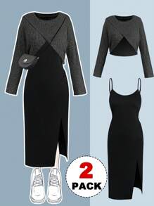 Flirla Set da 2 pezzi da donna taglie forti: maglia asimmetrica a costine + abito con spallini sottili, arricciato, spacco e contrasto di colori, autunno/inverno