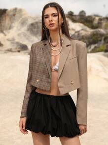 Aveloria Affinna Chaqueta de blazer de manga larga para mujer, estilo vintage lujoso y minimalista de vanguardia, con una combinación de cuadros marrones y unicolor, con hombreras recortadas, de alta gama, del año 2025