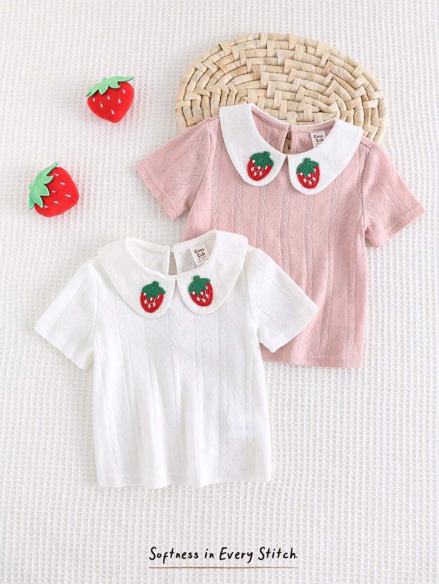 Cozy Pixies 2pcs/Set Baby Girl Strawberry Pattern Knitted Soft Round Neck Ruffle Trim Short Sleeve Pullover Top - Pink - View 1