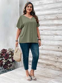 EMERY ROSE Plus Size Women's Orange Button Embellished Short Sleeve Shirt For Spring - Mint Green - View 5