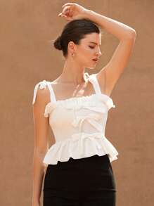 GENKIRA White Color-Blocked Ruffles Design Shoulder Strap Bowknot Front Mid Bowknot Decor Elegant Romantic Vacation Leisure Women Camisole - White - View 5