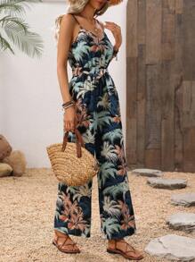 Breezaya Mono informal de pierna ancha con estampado de palmeras para mujer - Multicolor - Ver 5