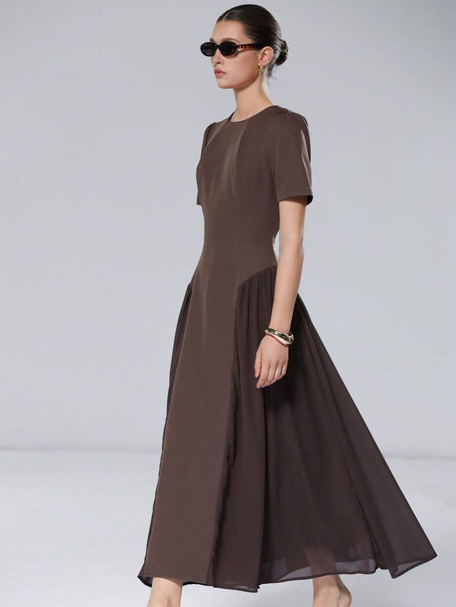 Aveloria Modichic Women's Elegant Multi-Material Mixed Long Dress, Round Neck Short Sleeve Cinched Waist Ruffled A-Line Dress For Commuting - Coffee Brown - View 1