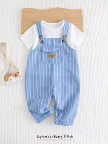 Cozy Pixies Bộ đồ liền thân sọc nhiều màu họa tiết gấu hoạt hình cho bé trai, thoải mái và đa năng - Màu xanh lam - Xem 1
