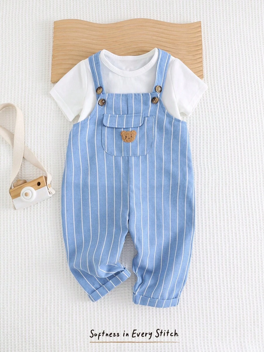 Cozy Pixies Bộ đồ liền thân sọc nhiều màu họa tiết gấu hoạt hình cho bé trai, thoải mái và đa năng - Màu xanh lam - Xem 1