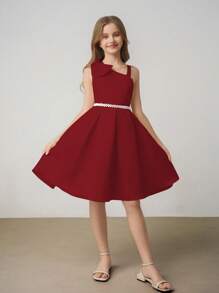 Tween Girl Sleeveless One Shoulder Cinched Waist A-Line Elegant Minimalist Wedding Bridesmaid Party Dress With Pearl Waistband - Burgundy - View 5