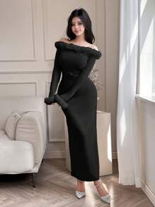 Modelyn Women's Solid Color Fuzzy Off-Shoulder Long Sleeve Ruched Fitted Dress, Elegant - Black - View 4