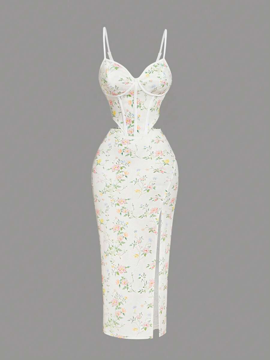SHEIN MOD 2 件套撞色花卉印花文胸和优雅裙子 - 彩色 - 查看 1