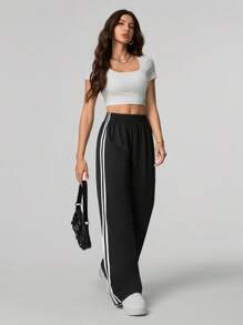 SHEIN Tall Pantaloni casual neri con strisce laterali, colore solido, di moda