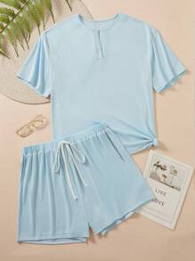 INAWLY Plus Size Women Solid Color Notched V-Neck Dolman Sleeve Loose Top And Waist Tie Shorts Casual Two-Piece Set
