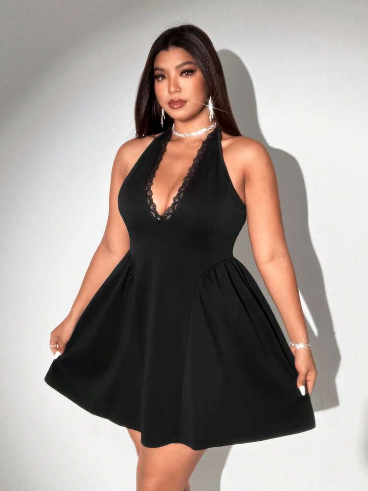 Viva Relle Plus Size V-Neck Sexy Lace Patchwork Sleeveless Puffy Party Dress - Black - View 7