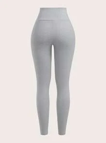 SHEIN EZwear 女士休闲纯色高腰紧身裤 - 灰色 - 查看 8