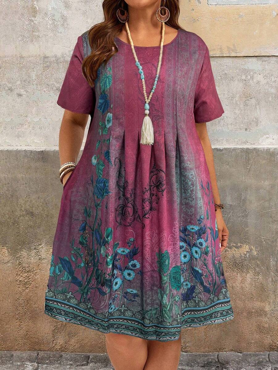 EMERY ROSE Vestido de verano con estampado floral verde para mujer de talla grande, estilo campestre