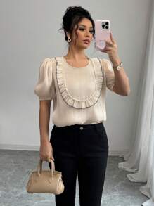 Elenzga Standard Size Women's Elegant Round Neck Puff Sleeve Beaded Lace Trim Blouse