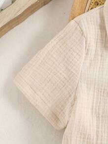 SHEIN 2pcs/Set Young Boy Plant Print Cotton Shirt And Woven Shorts Set, School, Campus, College - Apricot - View 5