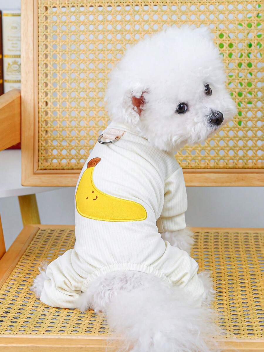 PETSIN 1 pieza Mono elástico de punto de color albaricoque con bordado de perro de mascota lindo de plátano, cómodo para uso en el hogar - Beis - Ver 1